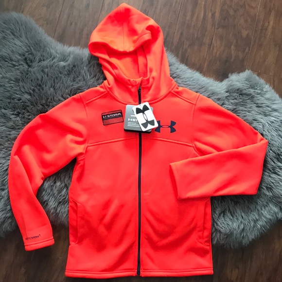 NWT Under Armour Infrared Boys Neon Orange Full Zip Hooded Fleece Jacket L